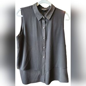 Ellen Tracy black button-up collared tank with sheer overlay